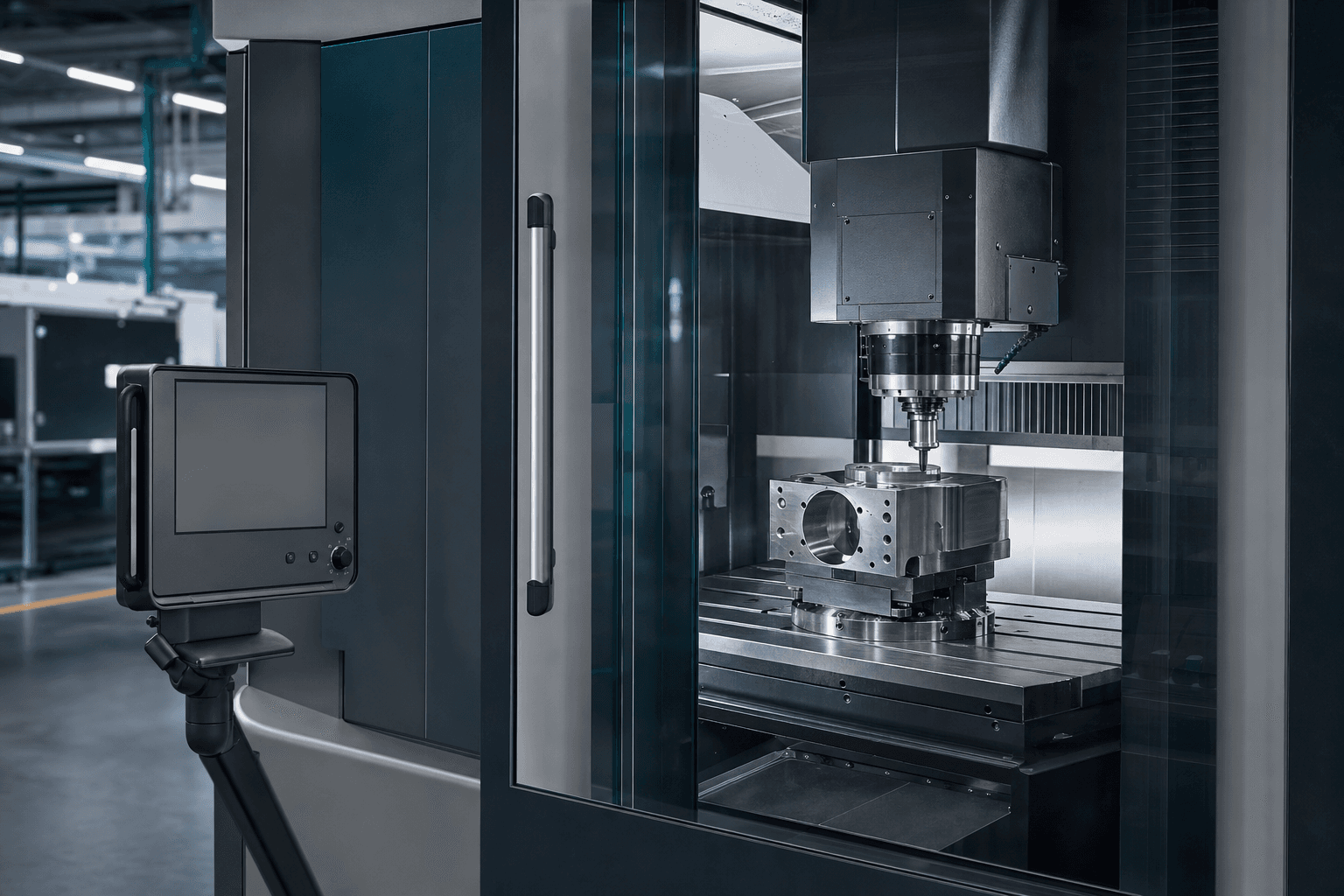 CNC-обробка точної металевої деталі у закритій виробничій комірці