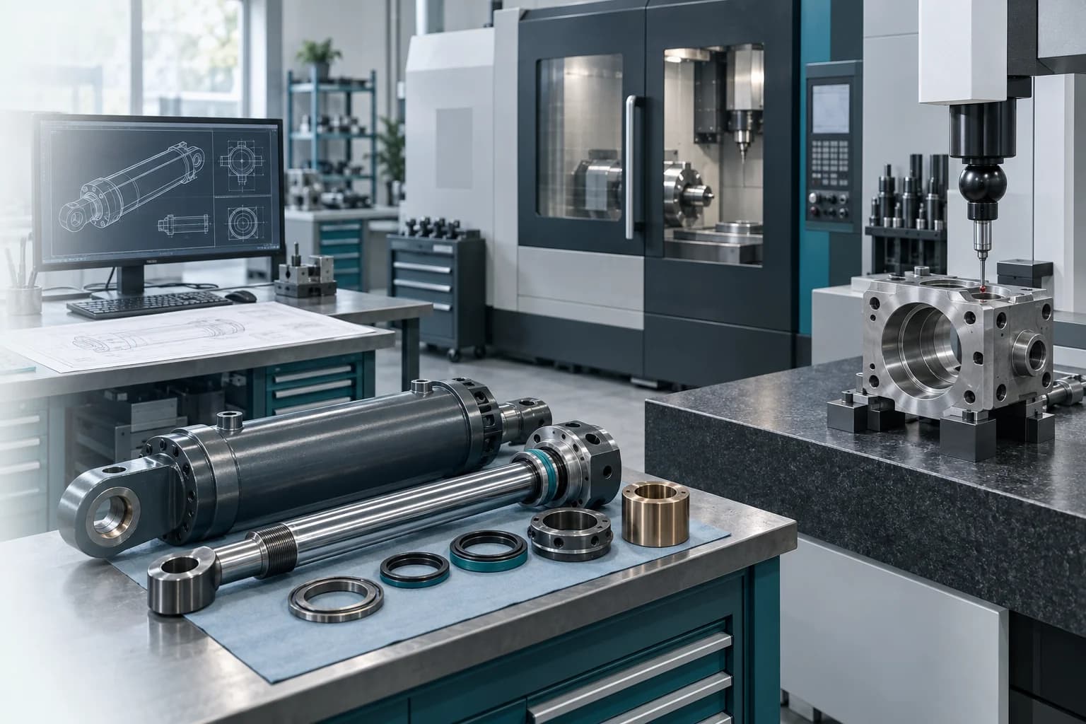 Ілюстрація єдиного промислового процесу: CAD-підготовка, CNC-обробка, відновлення гідравліки та вимірювальний контроль якості