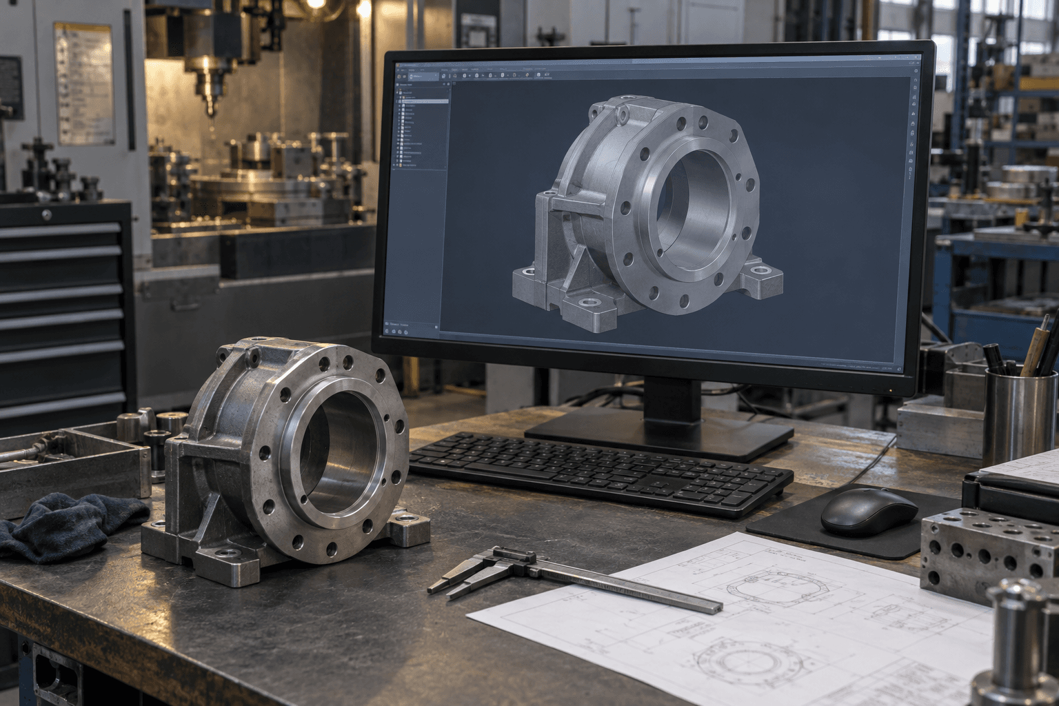 CAD-модель промислового корпусу на моніторі поруч із металевою деталлю