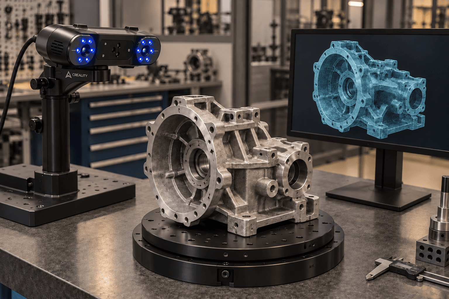 Ілюстрація оптичного 3D-сканування металевого корпусу з моделлю на моніторі