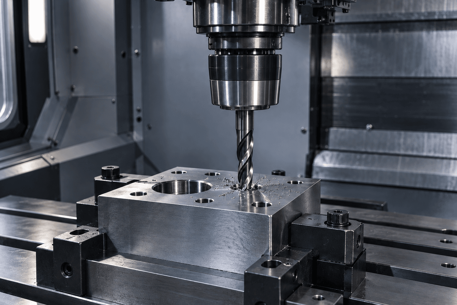 Ілюстрація CNC-свердління отворів у сталевій деталі