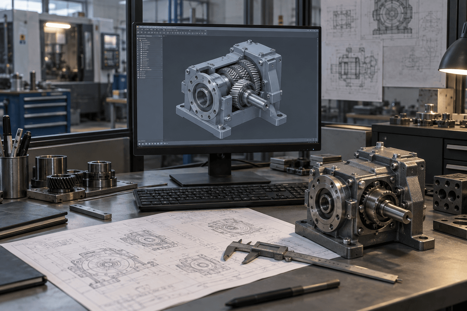 Робоче місце інженера-конструктора з CAD-складанням механізму та деталями
