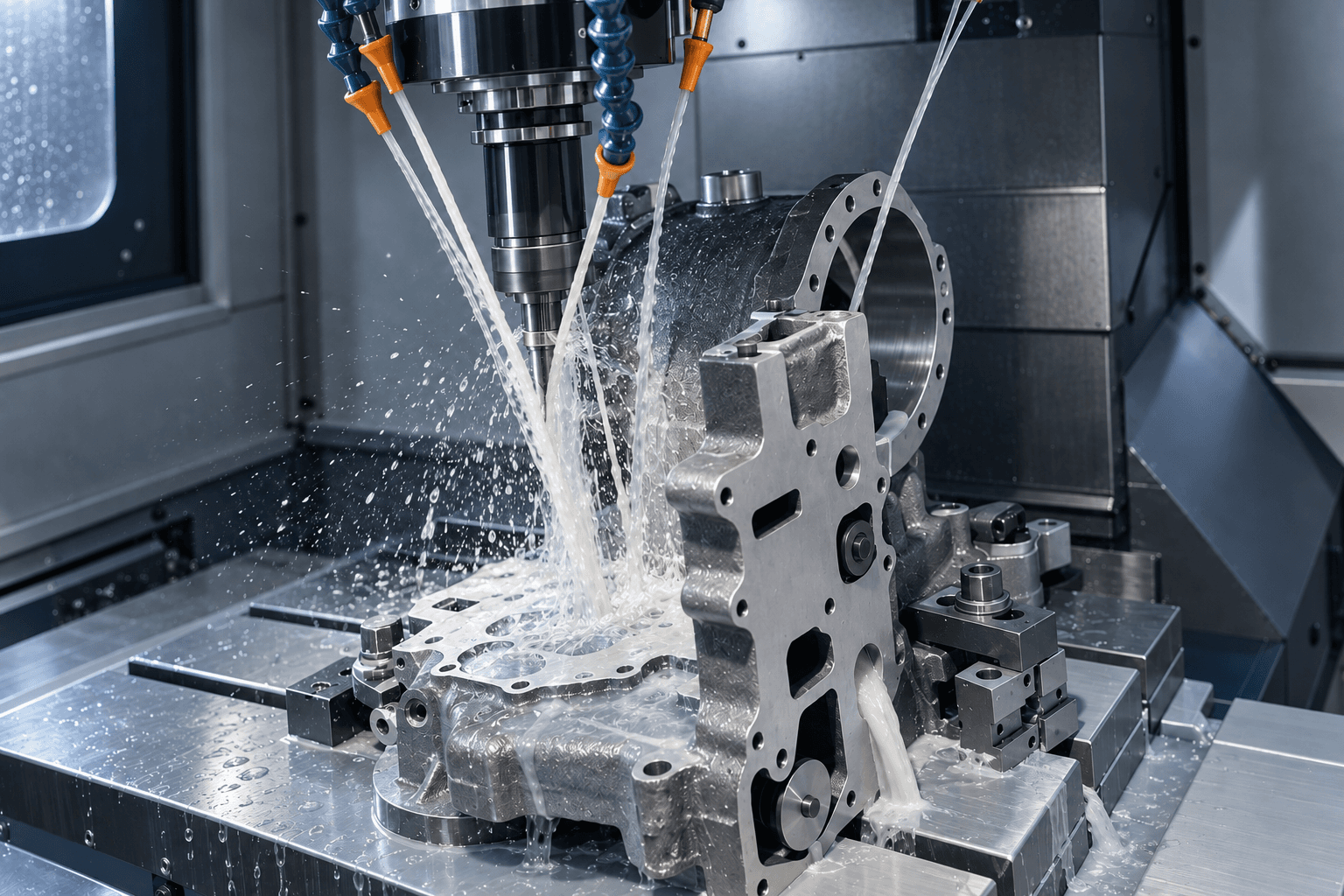 Ілюстрація CNC-фрезерування корпусної деталі з подаванням охолоджувальної рідини