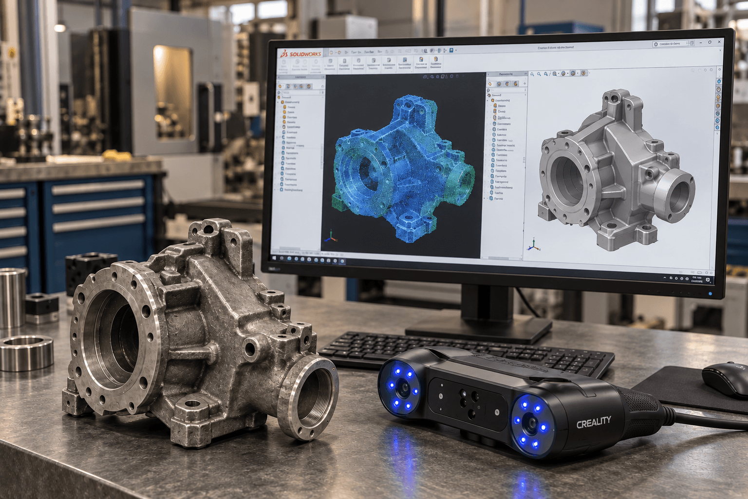 Ілюстрація зворотного проєктування металевого корпусу зі сканером і CAD-моделями