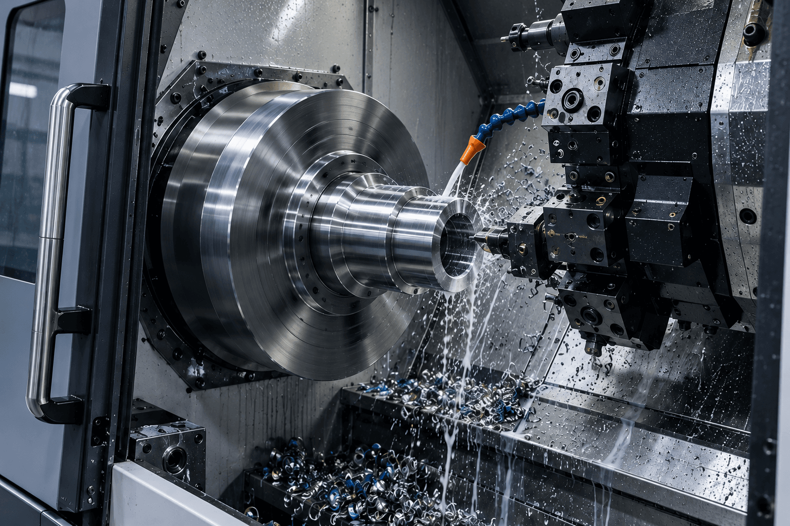 Ілюстрація CNC-точіння сталевої деталі з подаванням охолоджувальної рідини